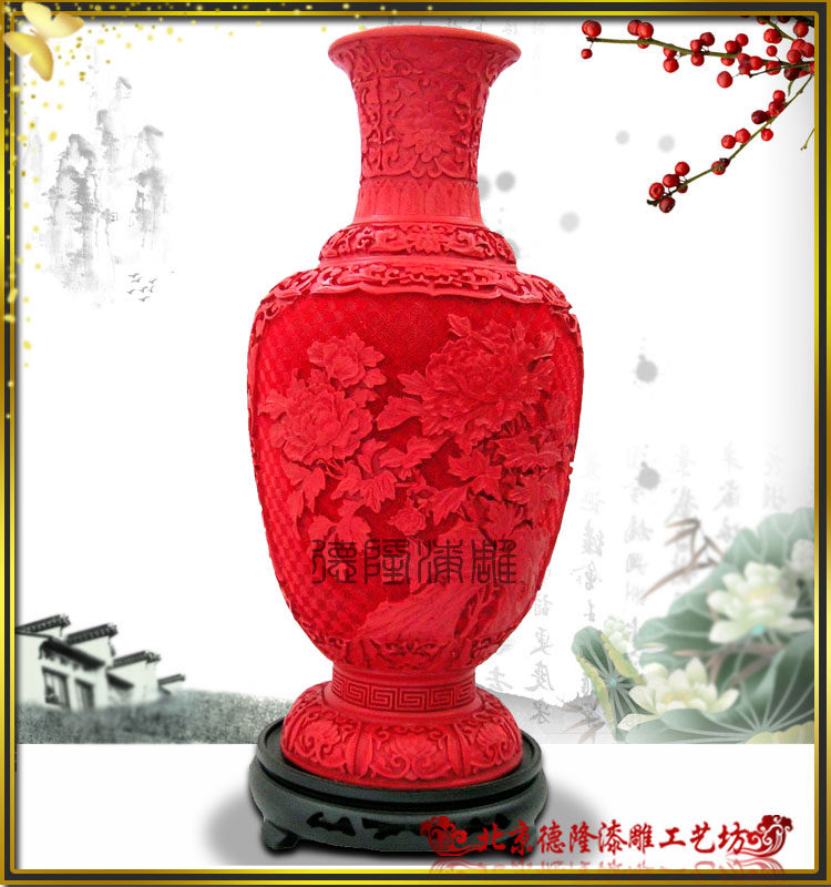 厂家直销质量保障开业祝寿礼品结婚礼物漆雕工艺品15寸牡丹花花瓶