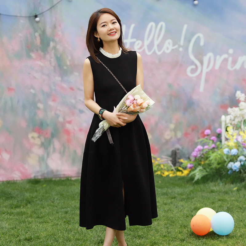 哲思凡夏季连衣裙子女夏季显瘦荷叶领开叉花苞轻礼服无袖连衣裙