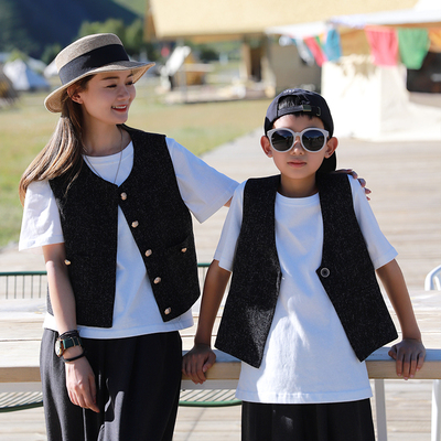 哲思凡亲子装24秋季新款母子母女装灰黑小香风马甲外套儿童马甲