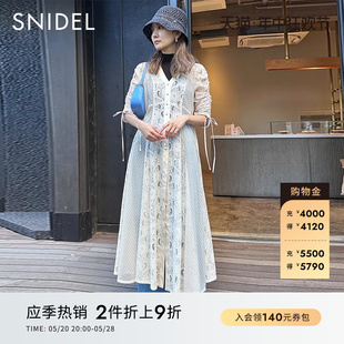 甜美仙女V领蕾丝拼接抽褶棉连衣裙SWFO231077 SNIDEL春夏款