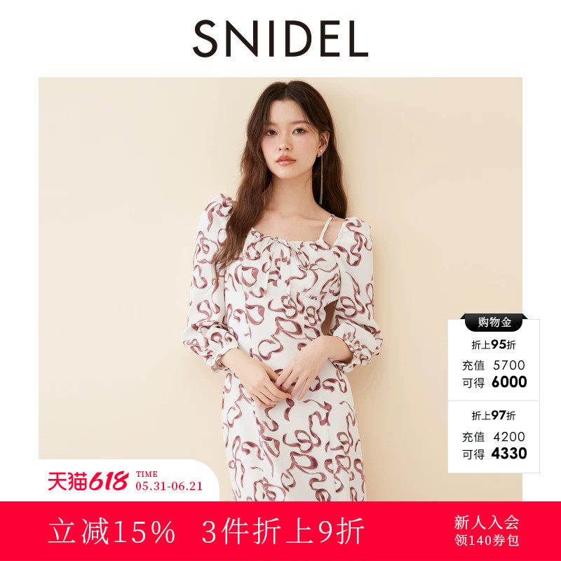 SNIDEL春夏款气质钻石领一字肩蝴蝶结印花连衣裙SWFO251033
