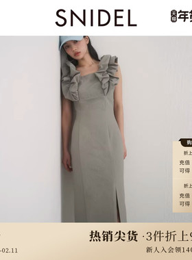 SNIDEL秋冬款气质荷叶边无袖系带收腰开衩连衣裙SWFO244002