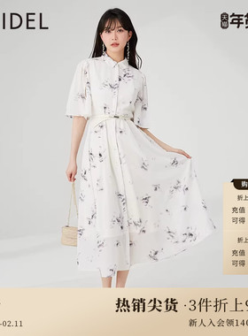 SNIDEL春夏款优雅翻领开衩袖腰带碎花雪纺连衣裙SWFO232050
