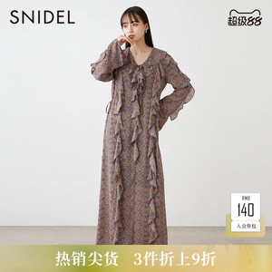 SNIDEL秋冬优雅V领荷叶边长袖印花雪纺连衣裙SWFO235075