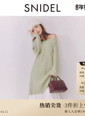 SNIDEL秋冬款气质淑女纯色船领露肩针织连衣裙SWNO244061