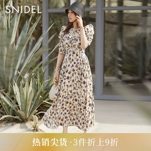 SNIDEL春夏款优雅印花露背绑带泡泡袖茶歇连衣裙SWFO232054