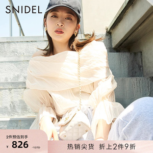 SNIDEL秋冬印花褶皱一字肩喇叭袖雪纺衬衫上衣SWFB234154