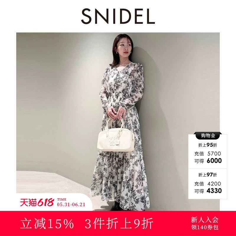 SNIDEL春夏款优雅V领罗纹收腰蛋糕雪纺连衣裙SWFO251011