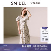 SNIDEL2025秋冬新品 收腰蝴蝶结印花连衣裙SWFO254025 优雅V领短袖