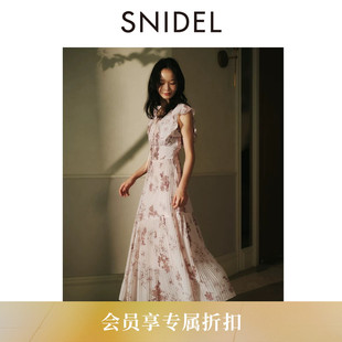 SNIDEL2026春夏新品优雅V领系带小飞袖收腰印花连衣裙SWFO262317