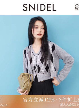 SNIDEL2025秋冬新品时尚复古圆领长袖格纹针织开衫外套SWNT254289
