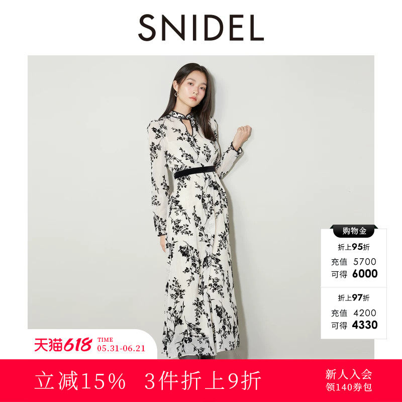 SNIDEL秋冬款甜美立领收腰系带印花雪纺连衣裙SWFO244102