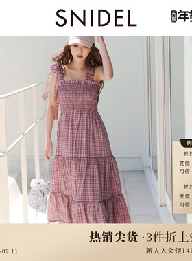 SNIDEL春夏款蝴蝶结系带格纹吊带A字长款连衣裙SWFO242200
