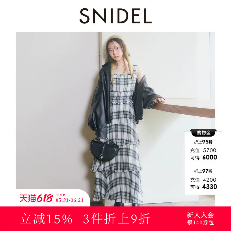 SNIDEL2025秋冬新品复古格纹印花吊带荷叶边蛋糕连衣裙SWFO254181