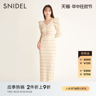 抽褶棉针织连衣裙SWNO231205 SNIDEL春夏款 甜美V领泡泡袖