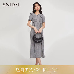 SNIDEL春夏款 优雅格纹收腰开衩木耳边系带连衣裙SWFO231095 法式
