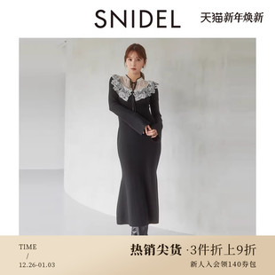 SNIDEL秋冬款 针织连衣裙SWNO245029 优雅刺绣蕾丝领收腰长袖