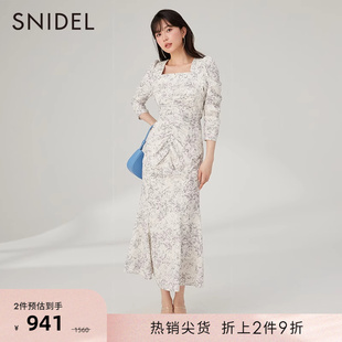 SNIDEL春夏款 方领抽褶系带收腰茶歇碎花连衣裙SWFO231082