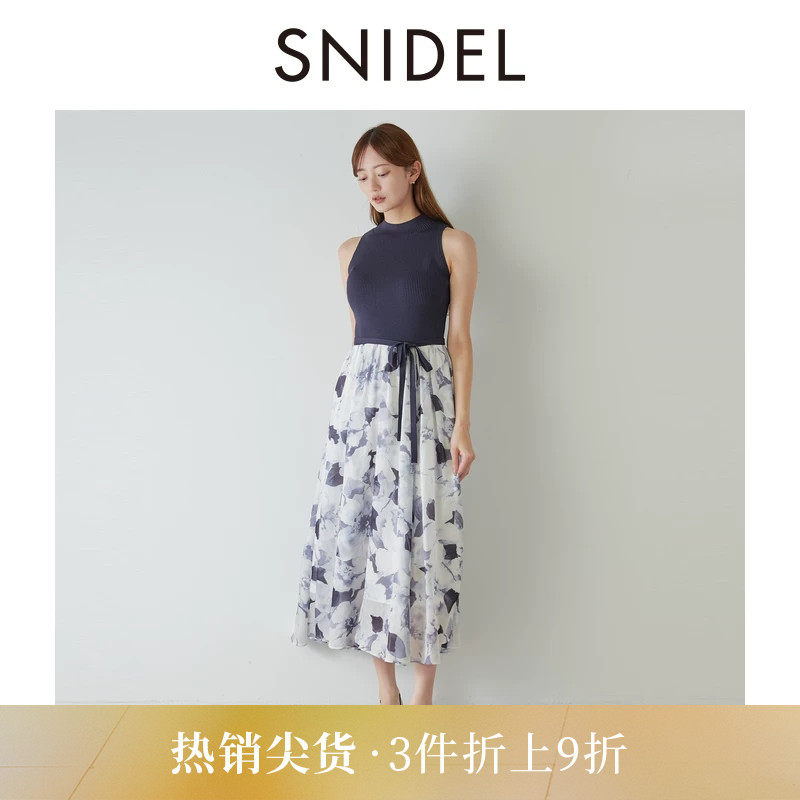 SNIDEL2025秋冬新品优雅时尚圆领无袖腰带印花连衣裙SWNO254337