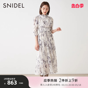 SNIDEL秋冬气质淑女泡泡袖堆领束腰百褶雪纺印花连衣裙SWFO234120