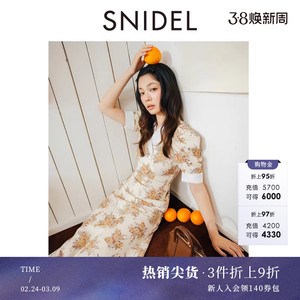 SNIDEL春夏款优雅复古翻领泡泡袖收腰印花连衣裙SWFO252043