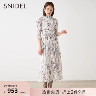 SNIDEL秋冬气质淑女泡泡袖堆领束腰百褶雪纺印花连衣裙SWFO234120