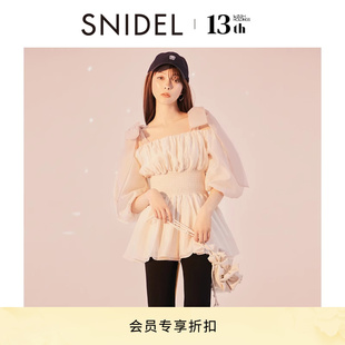 SNIDEL2024春夏新品 SWFB241135 雪纺衬衫 蝴蝶结系带露肩收腰灯笼袖