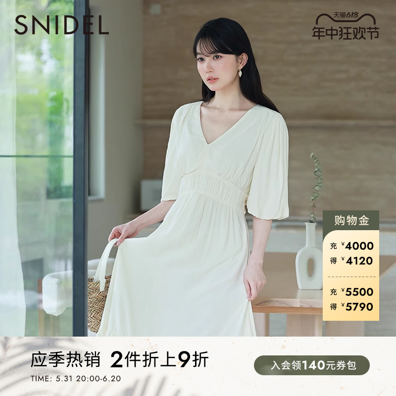 SNIDEL春夏款纯色V领泡泡短袖蝴蝶结收腰连衣裙SWFO232250-封面