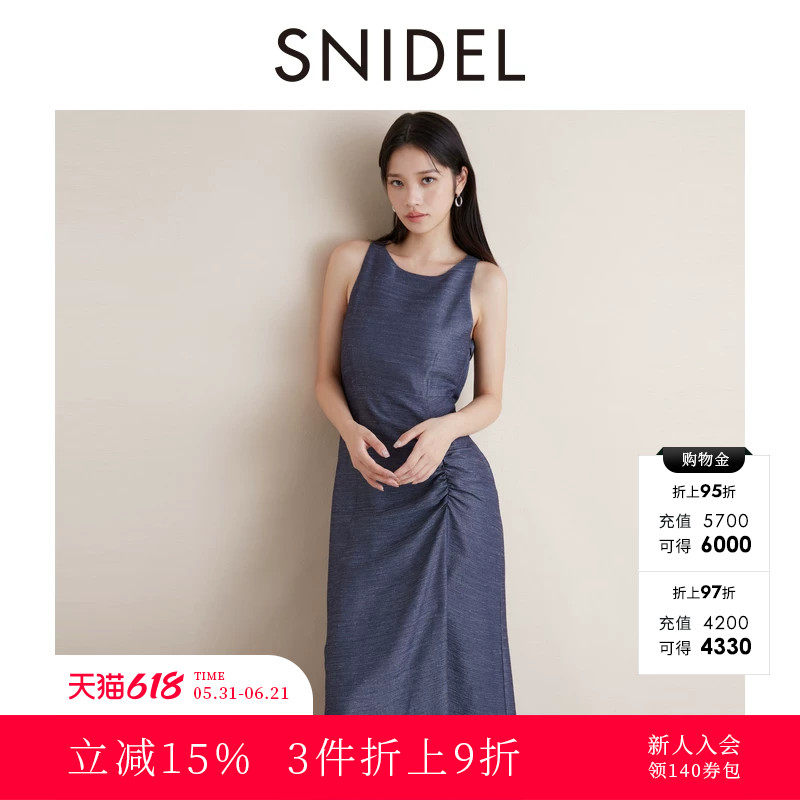 SNIDEL秋冬款气质收腰抽褶露背圆领无袖连衣裙SWFO244008