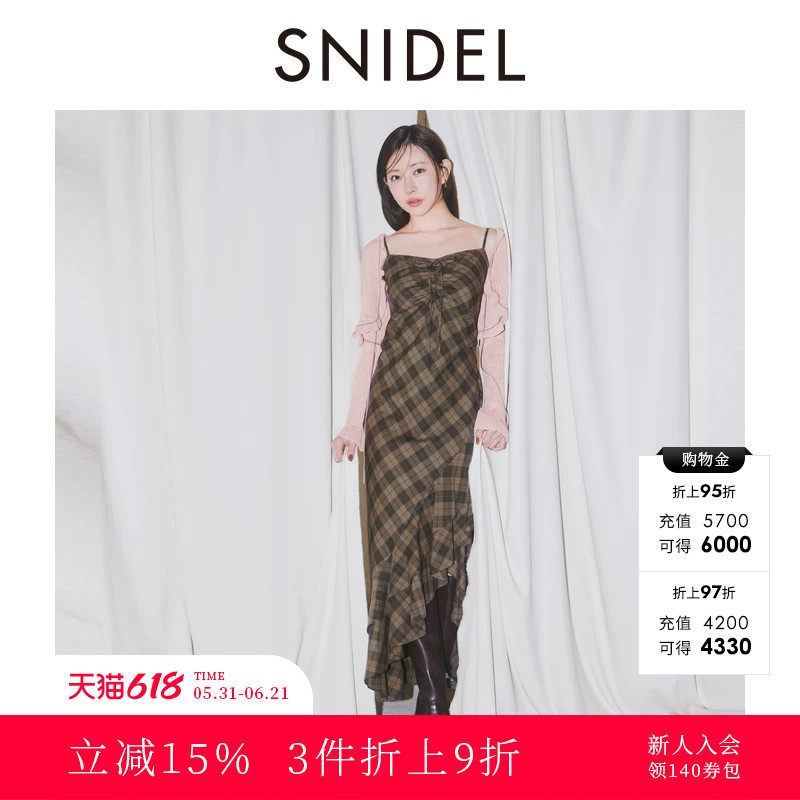 SNIDEL2025秋冬新品不规则荷叶边下摆格纹吊带连衣裙SWFO254180