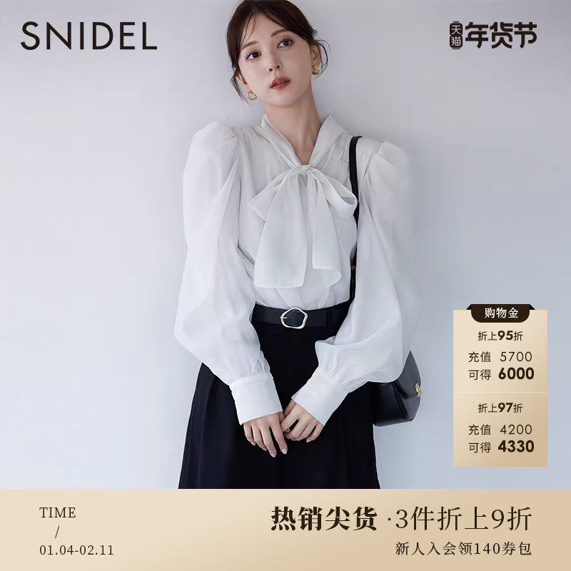 SNIDEL秋冬优雅蝴蝶结系带泡泡袖印花长袖雪纺衬衫上衣SWFB235012