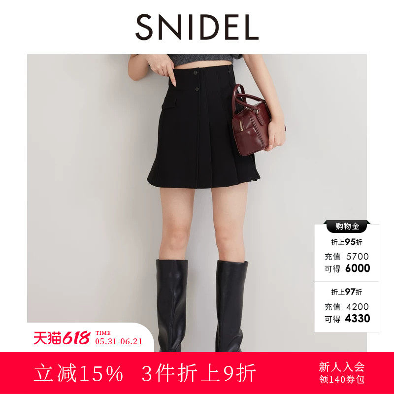 SNIDEL秋冬款甜美高腰不对称压褶A字半身裙裤SWFP244315