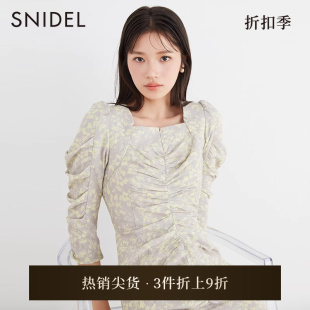 方领抽褶系带收腰茶歇碎花连衣裙SWFO231082 SNIDEL春夏款