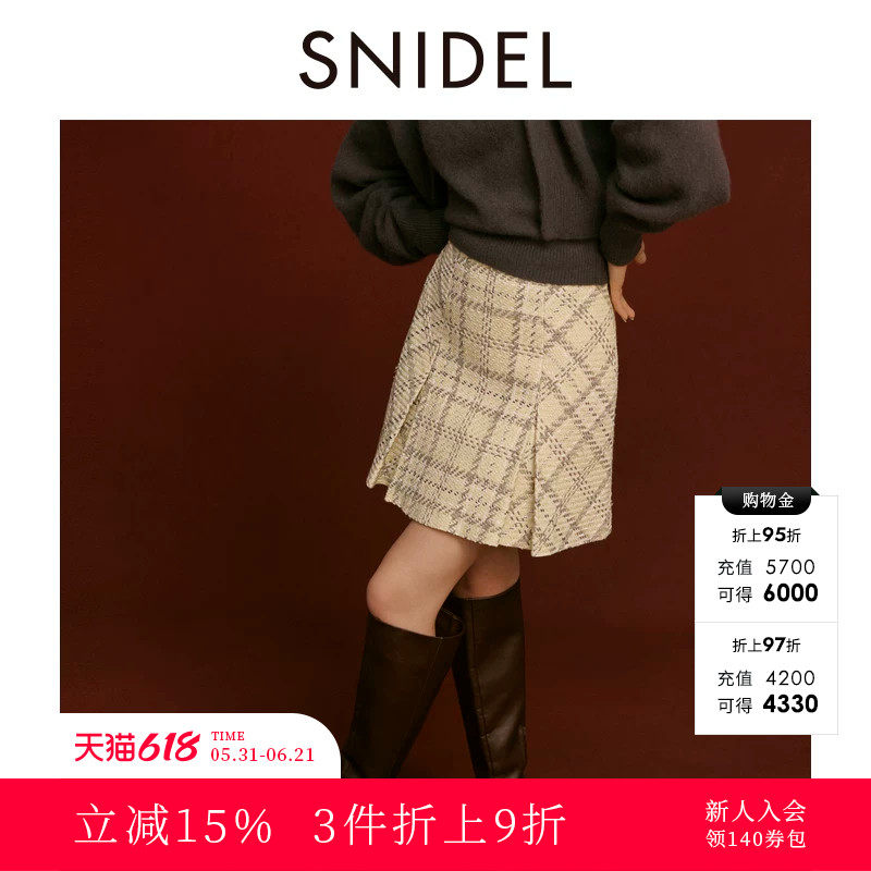 SNIDEL秋冬款高腰百搭经典格纹压褶A字短款裙裤SWFP245043