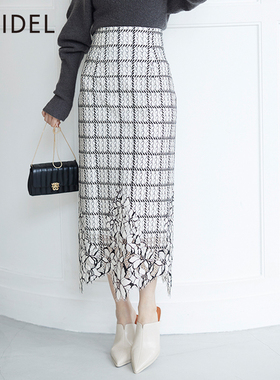 SNIDEL秋冬气质高腰格纹蕾丝刺绣下摆半身裙SWFS234220