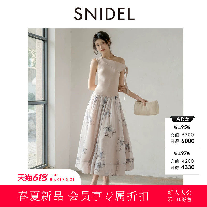 SNIDEL2026春夏新品优雅斜肩无袖针织拼接印花连衣裙SWNO262032