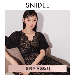 收腰连衣裙SWFO241301 SNIDEL2024春夏新品 气质优雅V领蕾丝泡泡袖