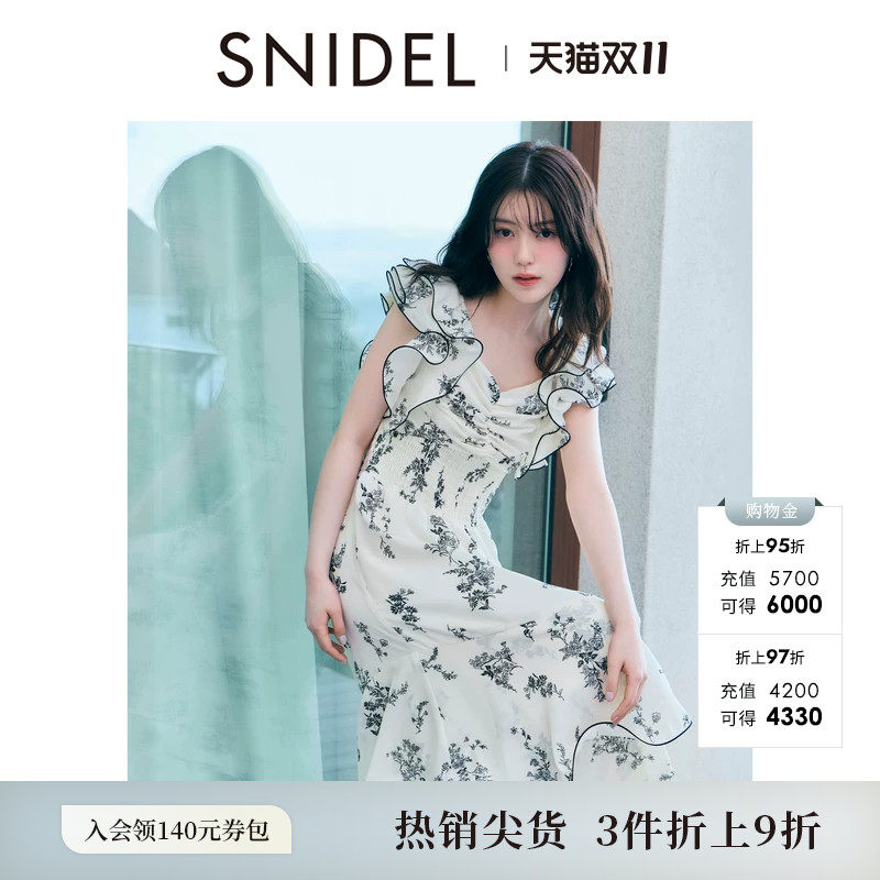 SNIDEL2026春夏新品双层荷叶边小飞袖收腰印花连衣裙SWFO262030