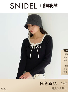 SNIDEL2025秋冬新品甜美荷叶领蝴蝶结系带长袖针织衫SWNT254219