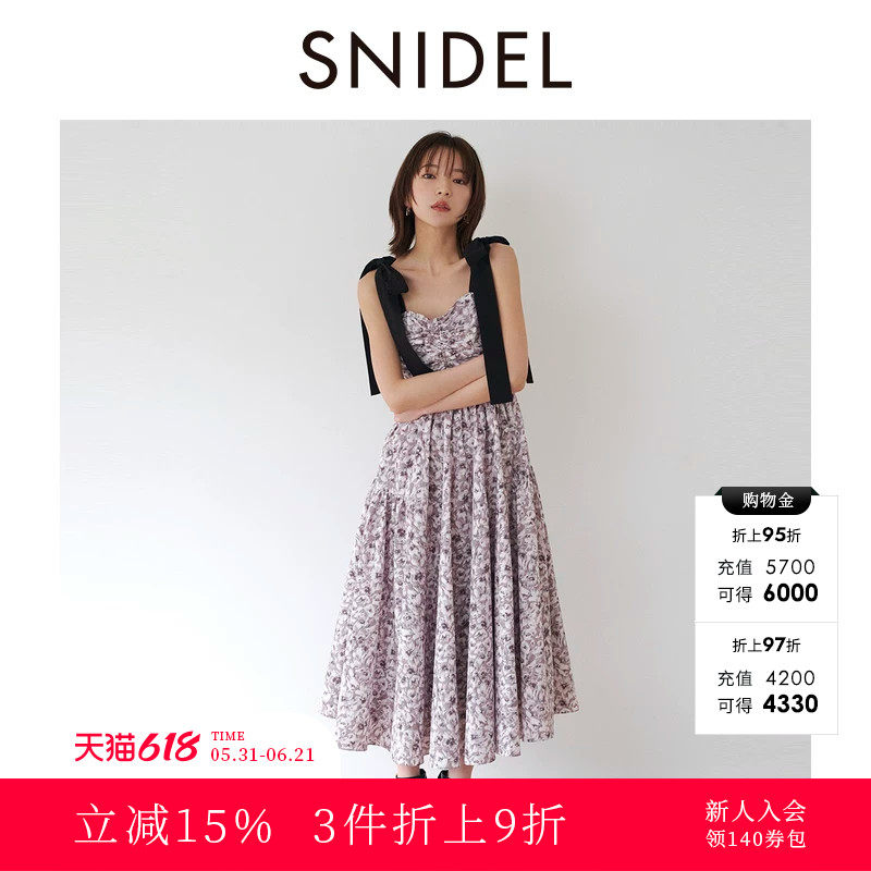 SNIDEL春夏款甜美淑女蝴蝶结肩带印花吊带连衣裙SWFO241077