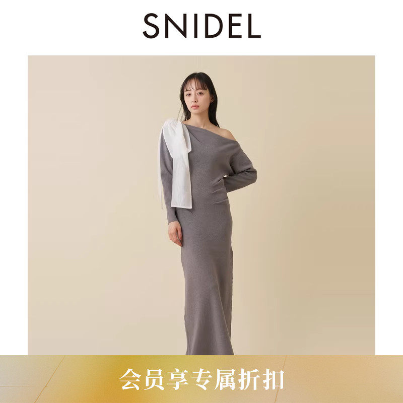 SNIDEL2026春夏新品优雅蝴蝶结斜肩露肩长袖针织连衣裙SWNO261039