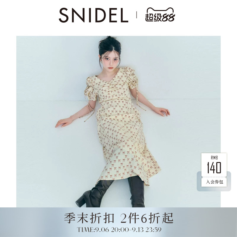 SNIDEL2026春夏新品优雅V领泡泡袖蝴蝶结印花连衣裙SWFO261068图片