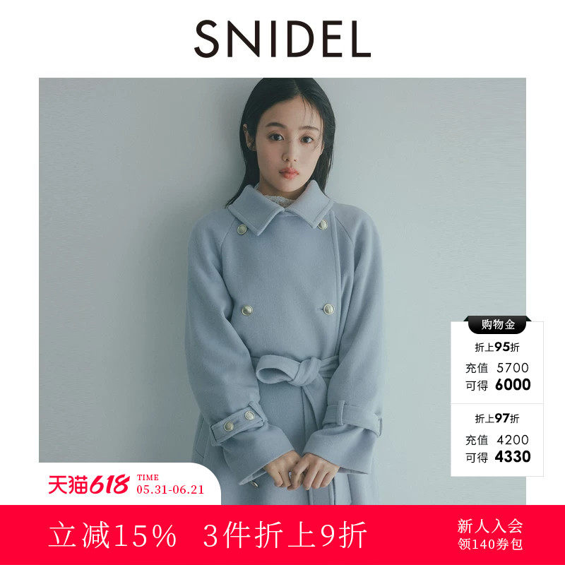 SNIDEL2025秋冬新品时尚翻领腰带羊毛大衣长款毛呢外套SWFC255037