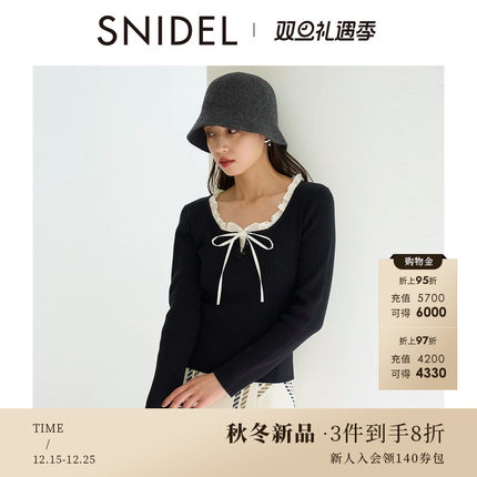 SNIDEL2025秋冬新品甜美荷叶领蝴蝶结系带长袖针织衫SWNT254219