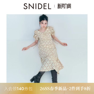 SNIDEL2026春夏新品 蝴蝶结印花连衣裙SWFO261068 优雅V领泡泡袖