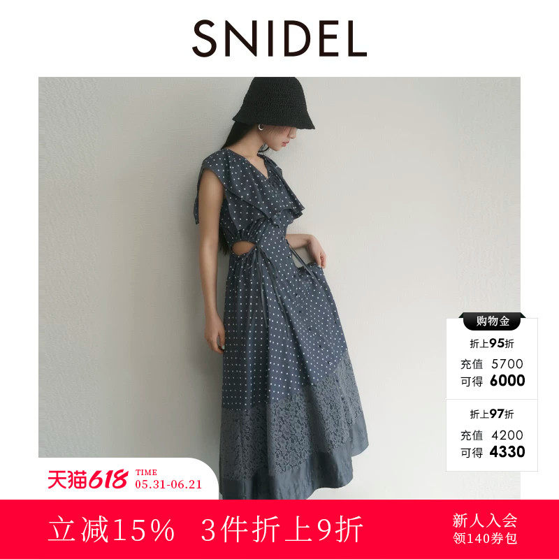 SNIDEL秋冬款蕾丝拼接露腰V领波点荷叶边连衣裙SWFO244005