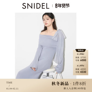 SNIDEL2025秋冬新品优雅斜肩蝴蝶结肩带长袖针织连衣裙SWNO254320