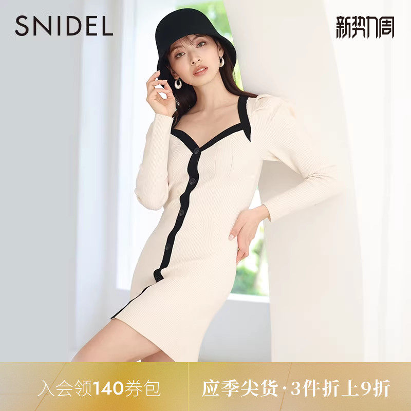 SNIDEL秋冬优雅气质收腰修身V领泡泡袖针织连衣裙SWNO234289