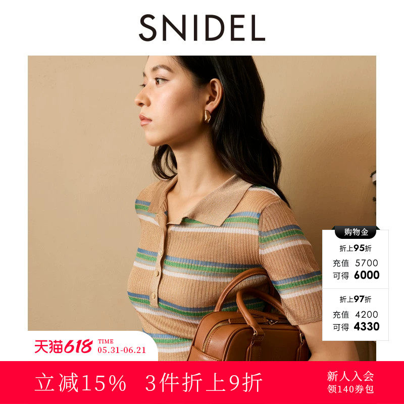 SNIDEL秋冬款时髦简约条纹翻领纽扣短袖针织上衣SWNT244194