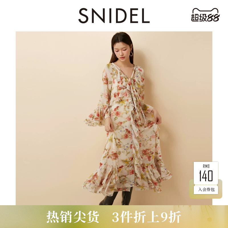 SNIDEL秋冬款甜美优雅V领系带印花荷叶边连衣裙SWFO245055